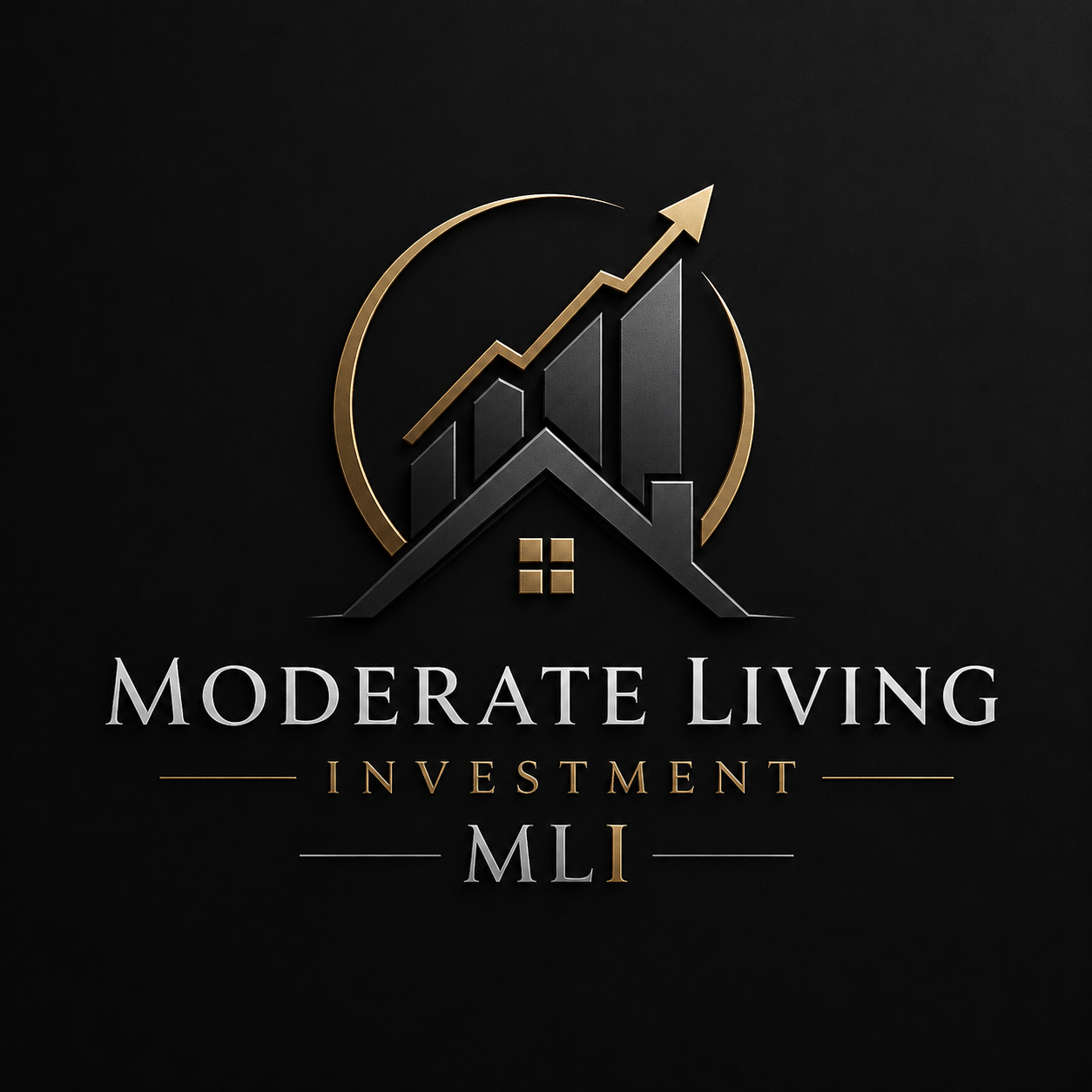 Moderate Living Investment logo: a gold upward arrow above a silver roof and buildings